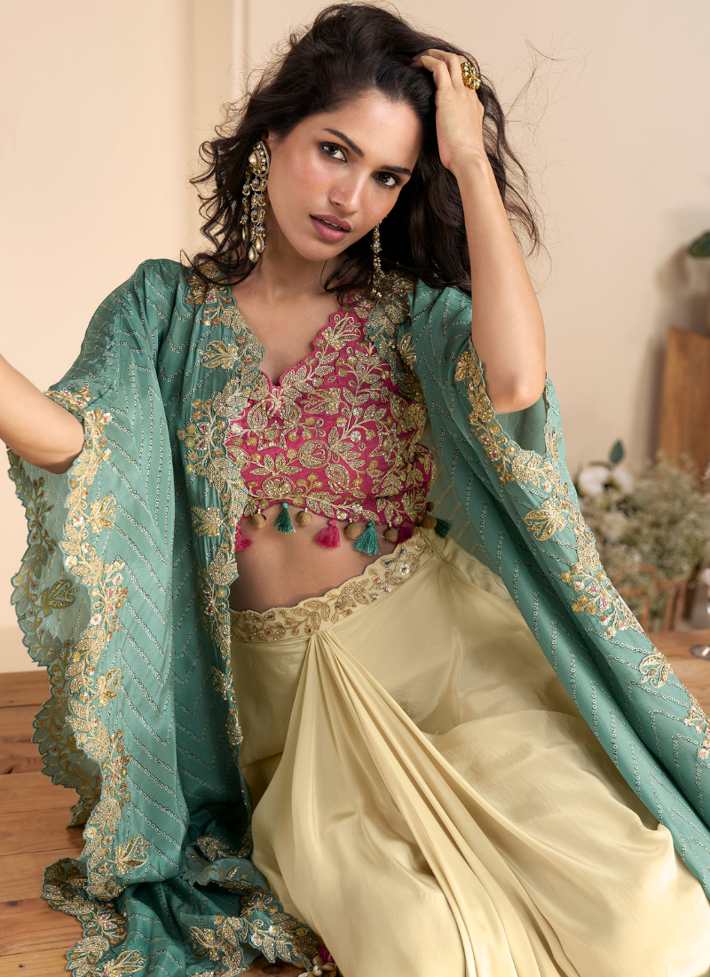 Pink Beige Sharara Set with Embroidered Blouse & Printed Shrug