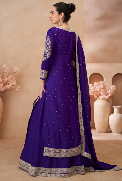 Purple Chinnon Embroidered Anarkali Suit Dupatta for Indian Festivals and Pakistani Weddings