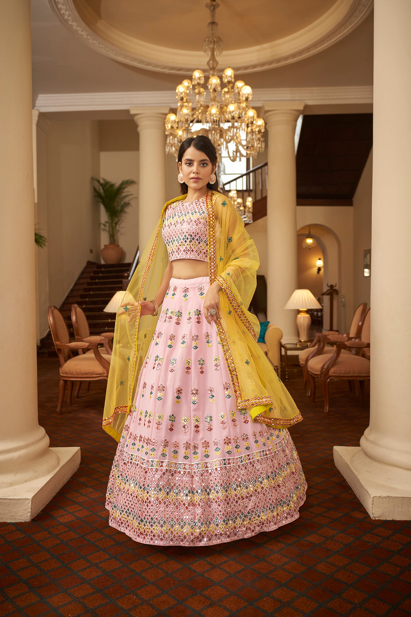 Pink Georgette Thread With Bridal Embroidered Lehenga Choli