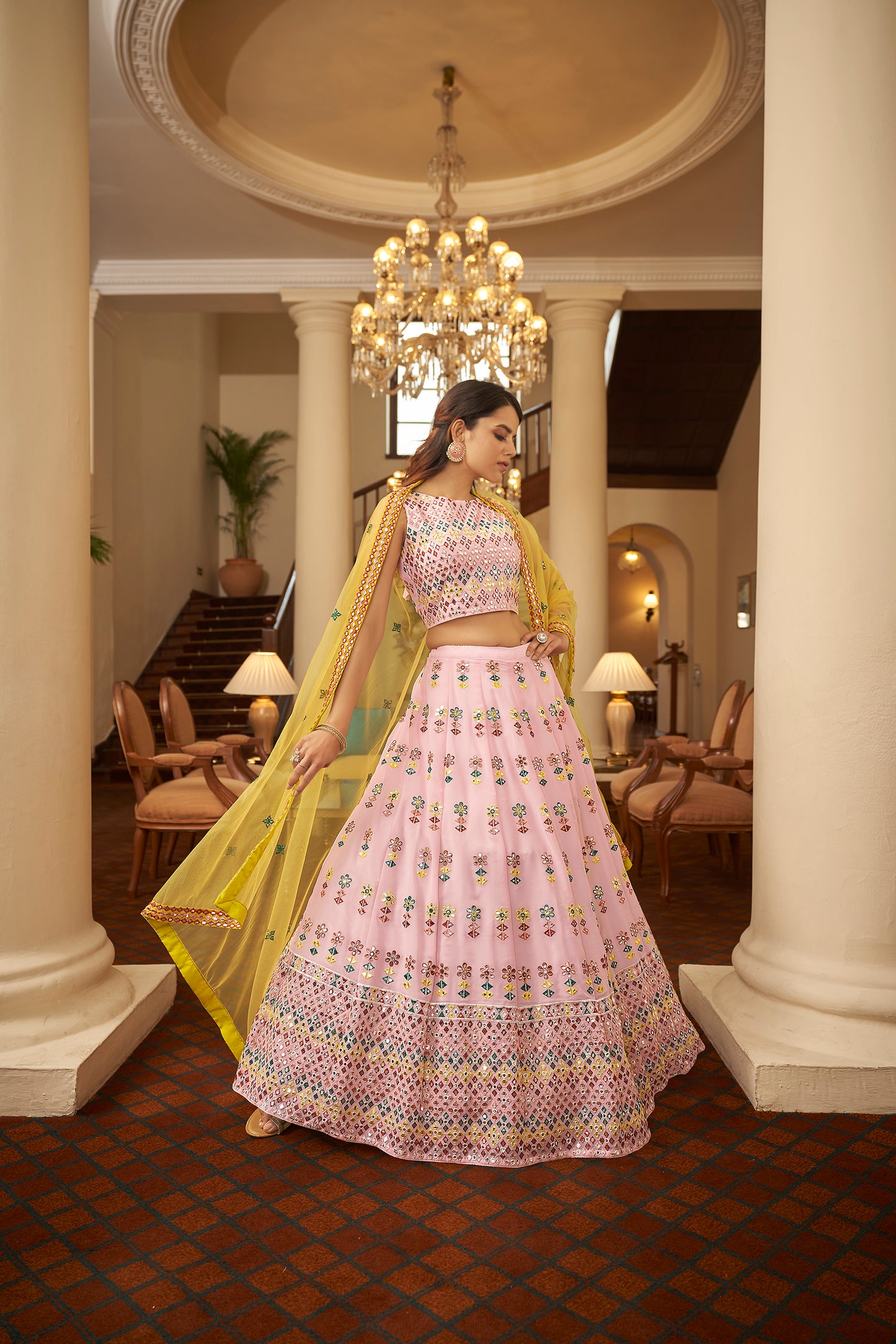 Pink Georgette Thread With Bridal Embroidered Lehenga Choli