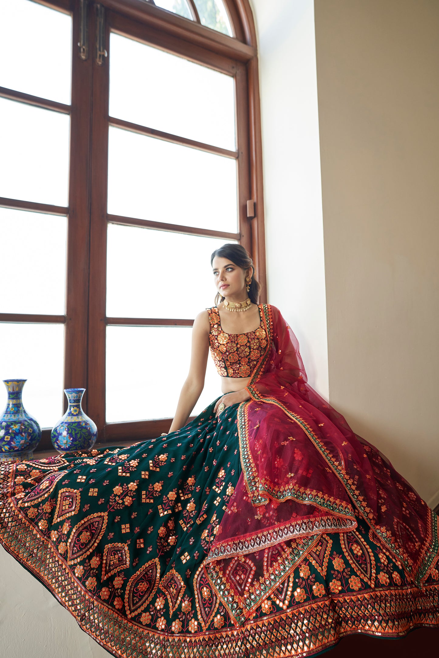 Green Georgette Thread With Bridal Embroidered Lehenga Choli