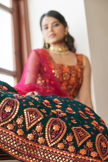 Green Georgette Thread With Bridal Embroidered Lehenga Choli