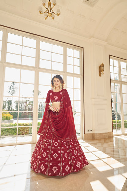 Red Georgette Thread With Sequince Embroidered Lehenga Choli