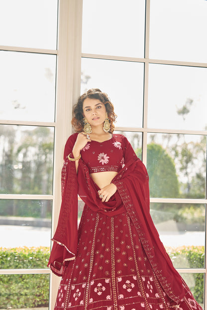 Red Georgette Thread With Sequince Embroidered Lehenga Choli