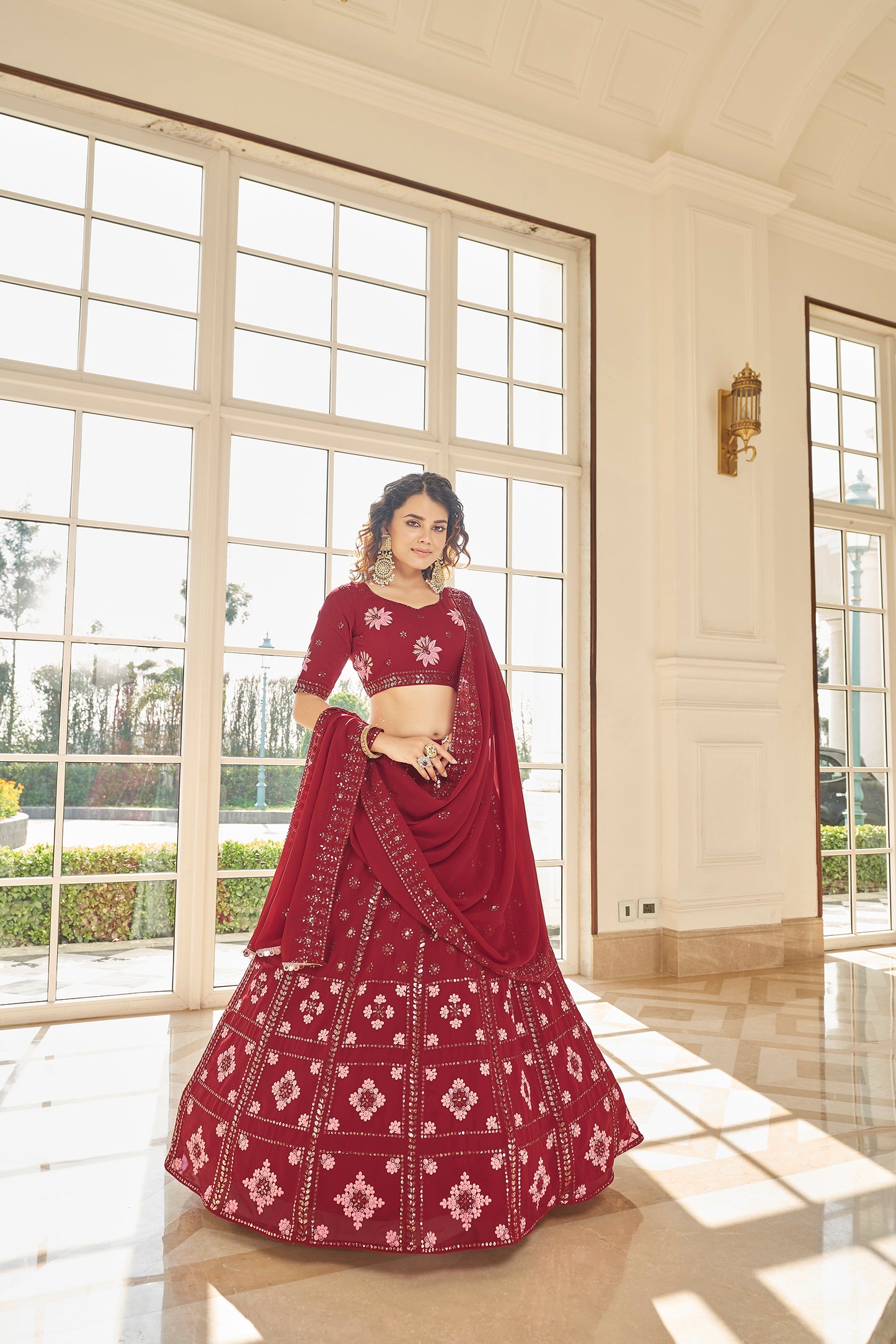 Red Georgette Thread With Sequince Embroidered Lehenga Choli