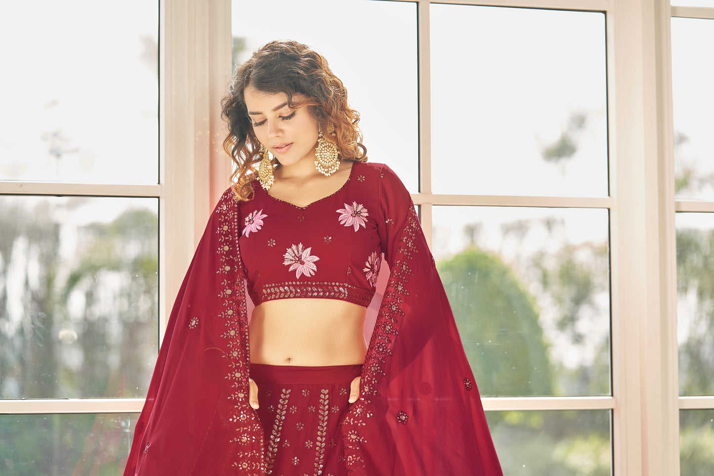 Red Georgette Thread With Sequince Embroidered Lehenga Choli