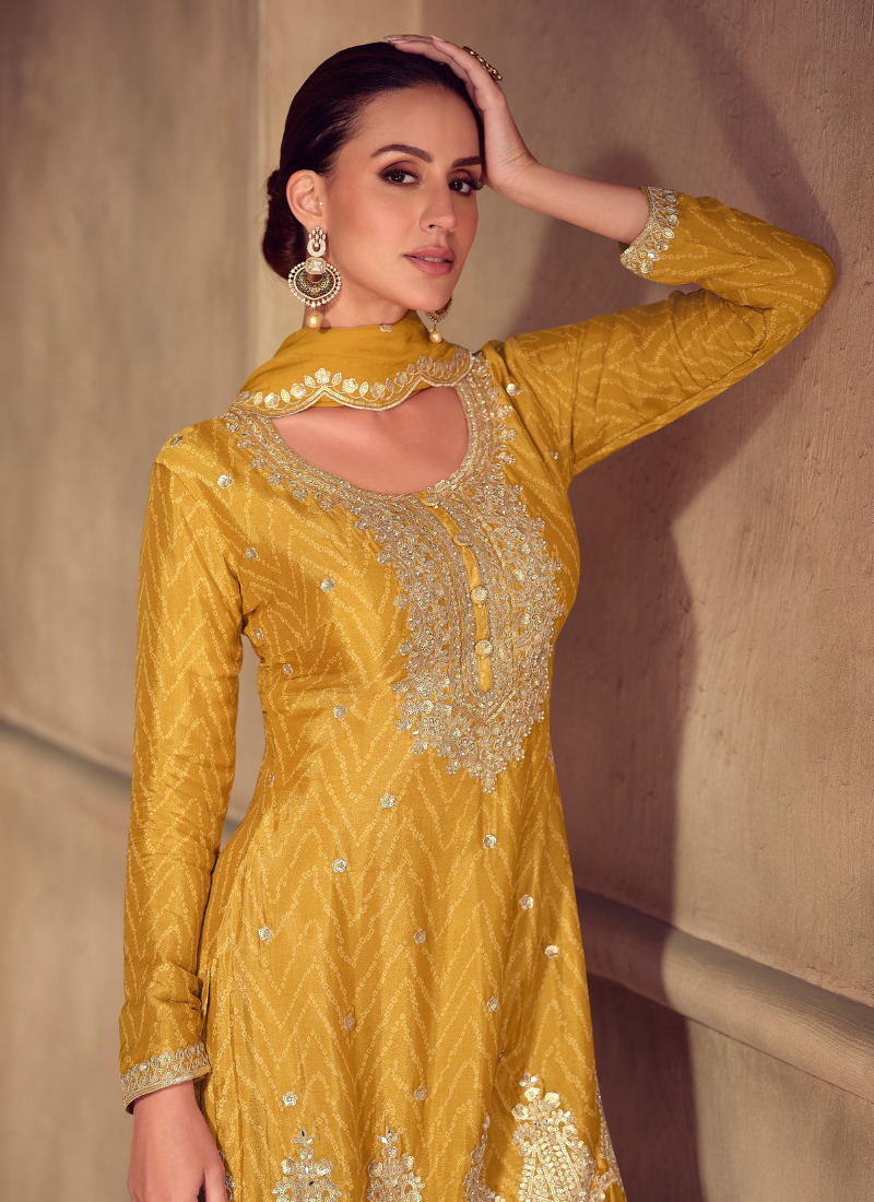 Yellow Chinon Sharara Suit with Dupatta for Indian Wedding and Pakistani Festival