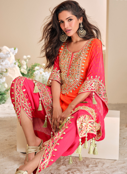 Orange and Pink Viscose Silk Kaftan with Tassels for Indian Festival and Pakistani Wedding-Embroidery and Mirror Work