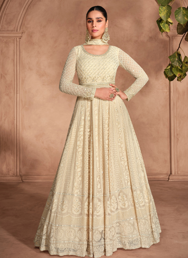 Off White Chikankari Embroidered Anarkali Gown with Dupatta – Perfect for Indian and Pakistani Wedding