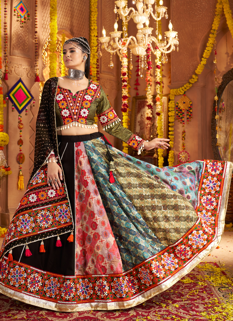 Multicolor Chaniya Choli with Dupatta for Navratri 2025 Garba Night – Mirror, Thread & Embroidery Work
