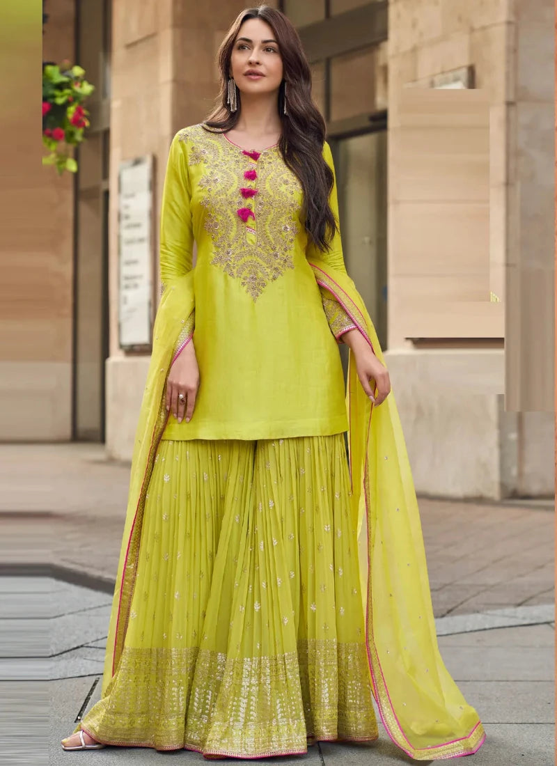 Designer Olive Yellow Embroidered Sharara Suit with Sequins Dupatta – Elegant Indian & Pakistani Festive Outfit