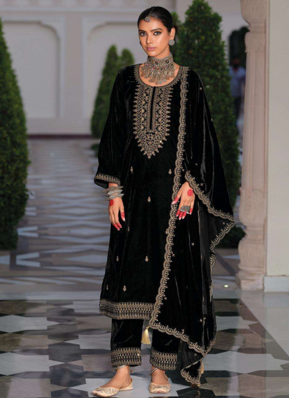 Buy Online Black Velvet Embroidery Suit with Dupatta