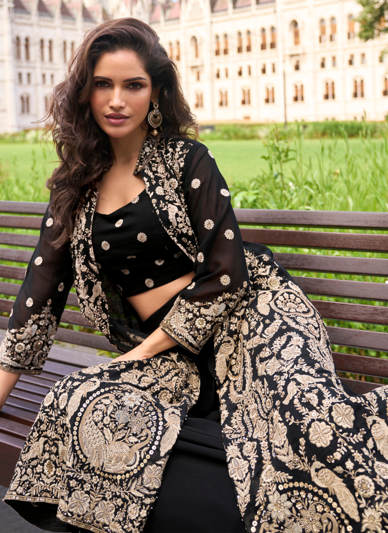 Designer Black Indo-Western Georgette Jacket Style Shrug with Palazzo