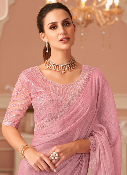Pink Georgette Saree With Designer Pink Blouse -Ready to Wear Option for Indian Wedding and Pakistani Festival