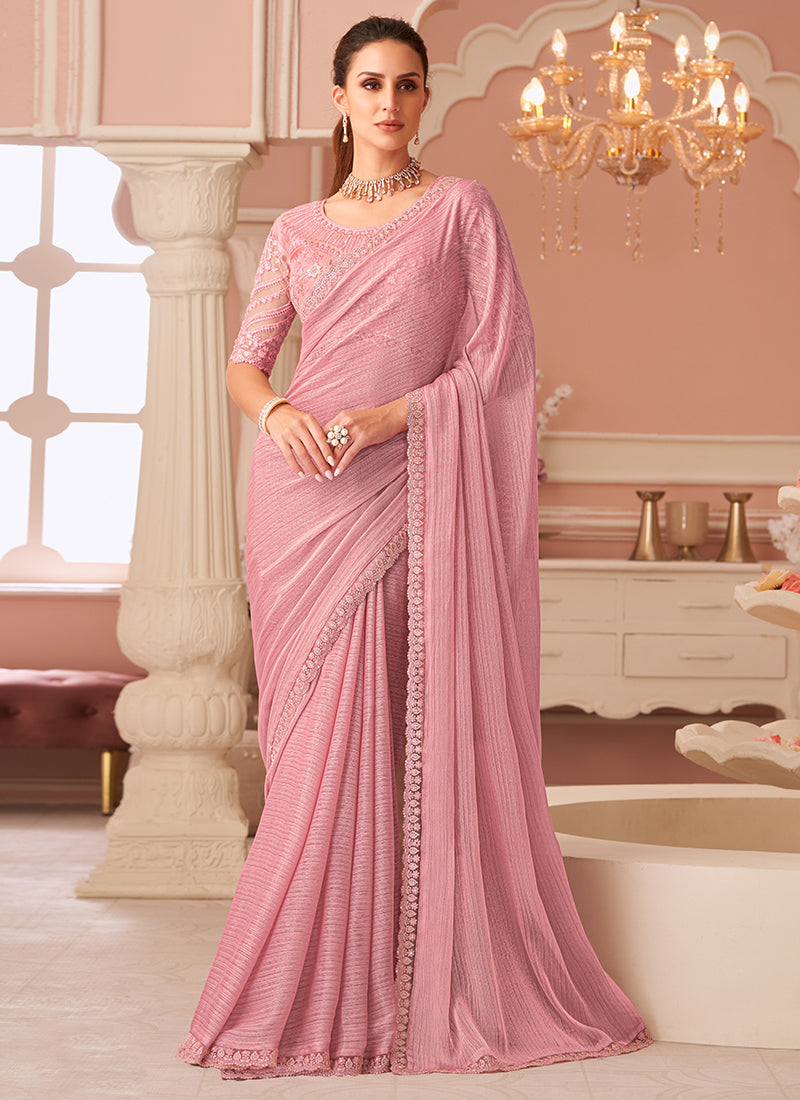 Pink Georgette Saree With Designer Pink Blouse -Ready to Wear Option for Indian Wedding and Pakistani Festival