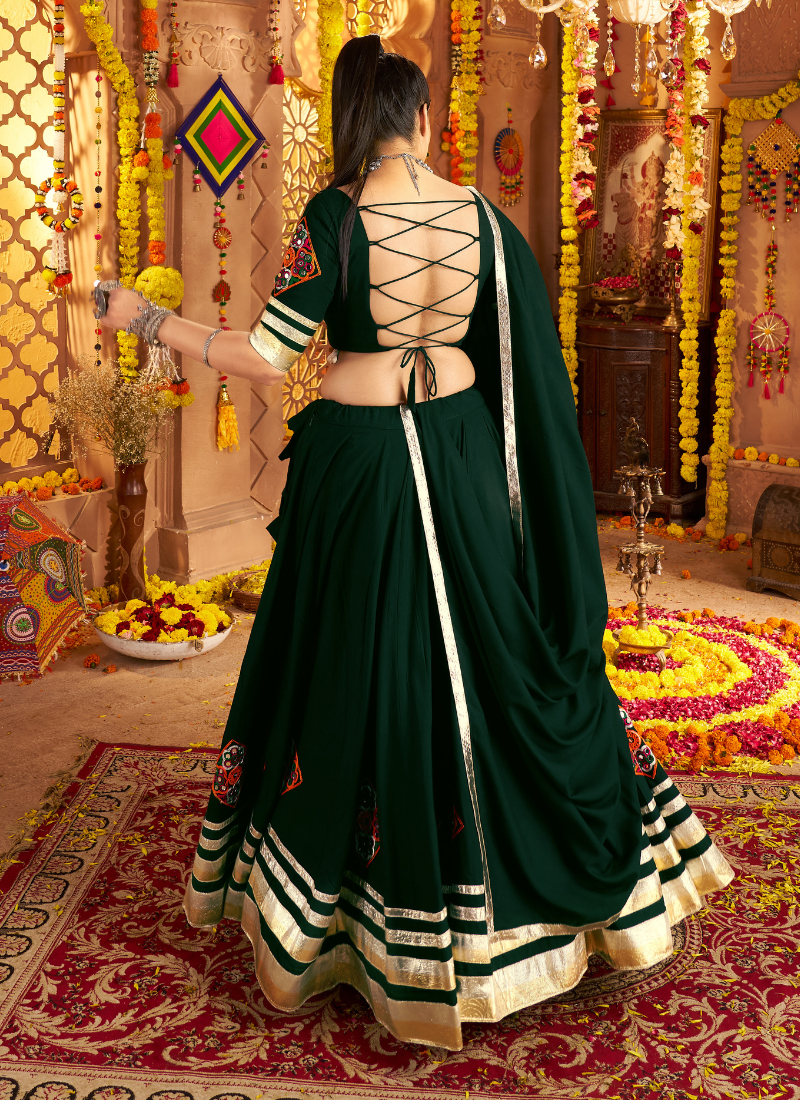 Dark Green Chaniya Choli With Dupatta For Navratri Garba – Mirror, Thread, Embroidery Work – Navratri 2025 Collection