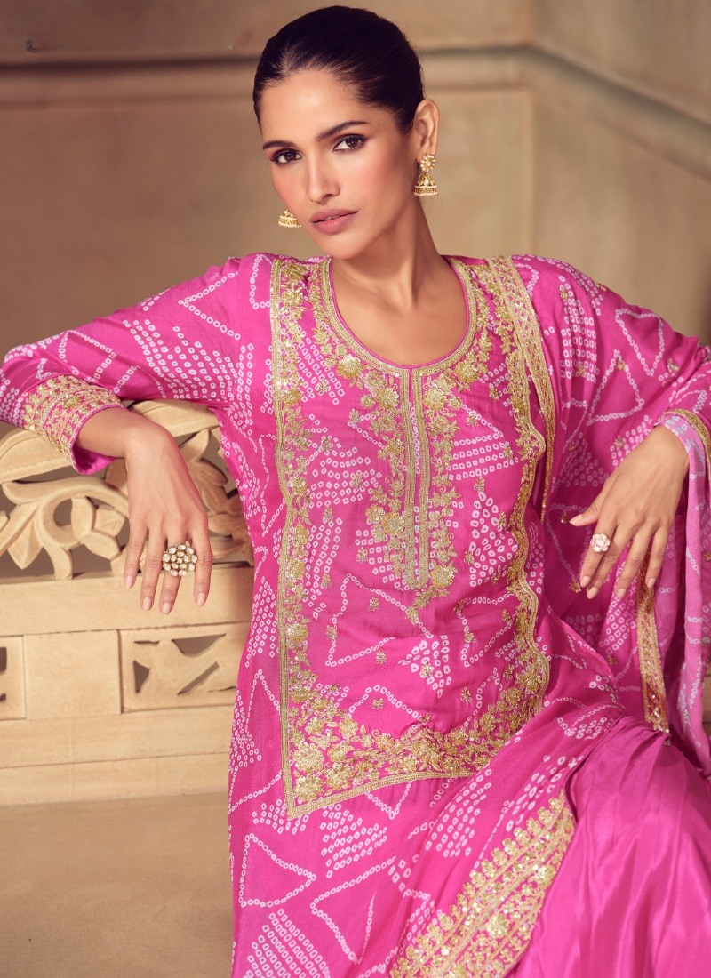 Pink Chinon Sharara Suit with Dupatta for Indian Wedding and Pakistani Festival