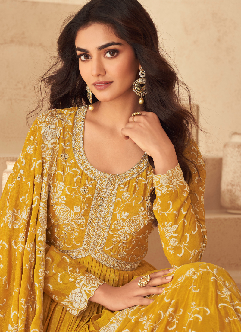 Mustard Yellow Chinnon Silk Embroidery Anarkali Gown with Dupatta for Indian Festival and Pakistani Wedding - Thread Work