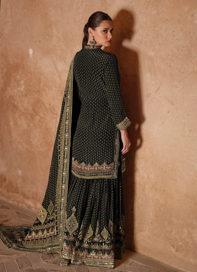 Designer Black Crepe Silk Embroidered Sharara Suit with Dupatta for Pakistani Weddings and Indian Festivals