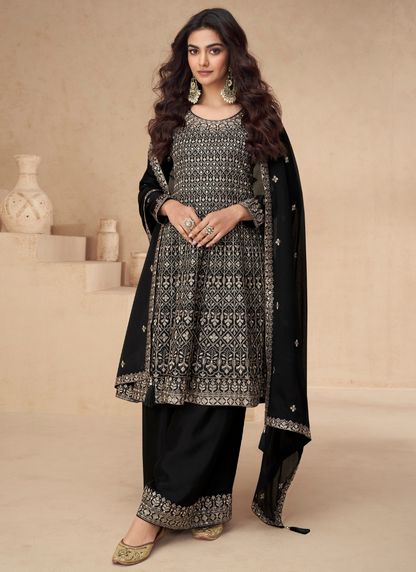 Buy online Black Chinnon Silk Sharara Suit with Dupatta -