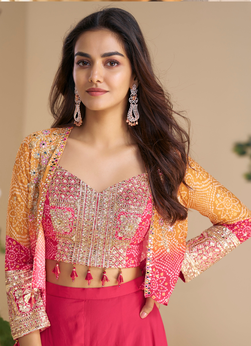 Rani Pink Real Chinon Silk Indo-Western Plazzo Set with Organza Shrug for Indian and Pakistani Wedding