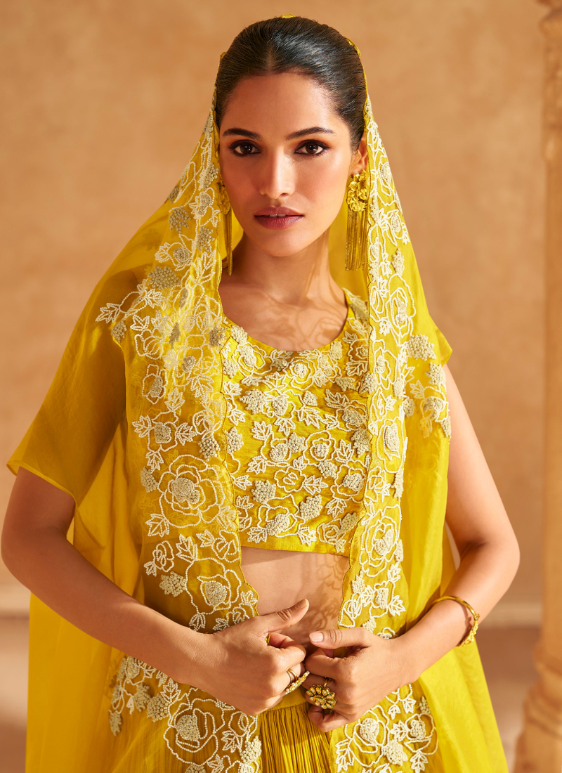 Yellow Embroidered Lehenga Set with Cape Dupatta for Pakistani Festival and Indian Wedding