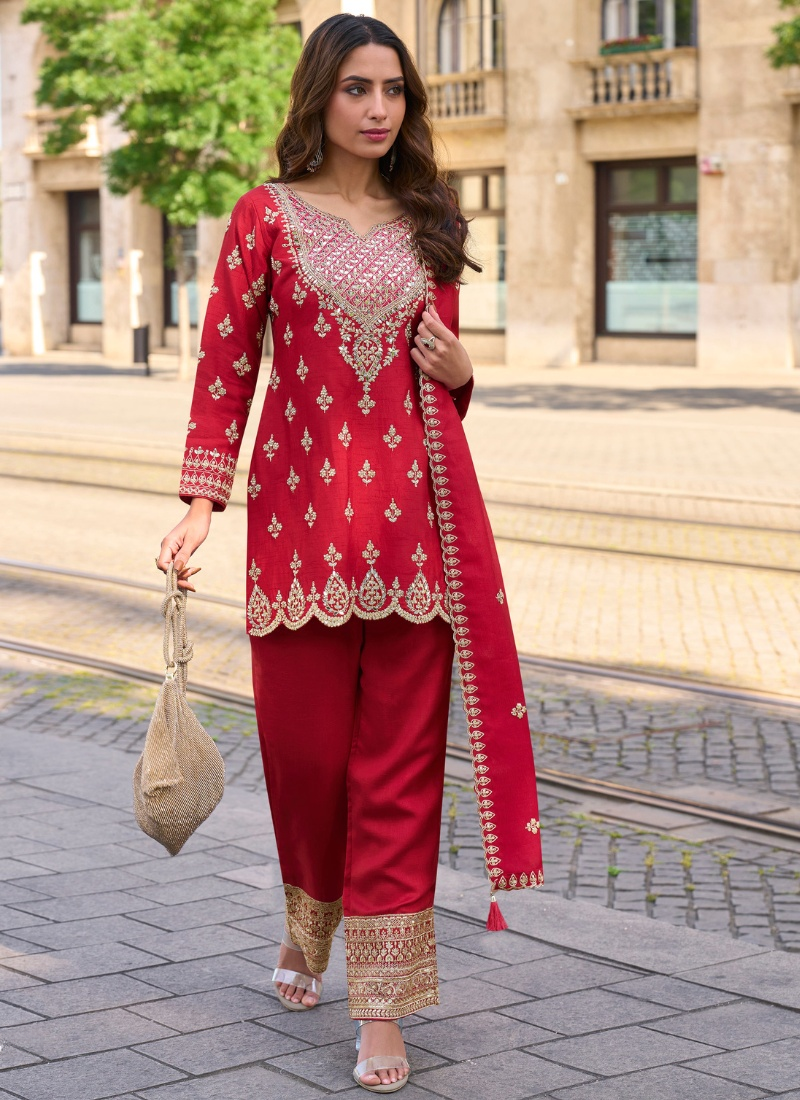 Designer Red Simar Silk Salwar Suit with Dupatta for Indian Wedding and Pakistani Festival