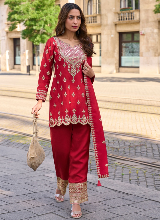 Designer Red Simar Silk Salwar Suit with Dupatta for Indian Wedding and Pakistani Festival