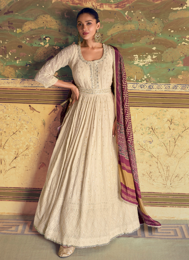 Cream Chikankari Embroidered Gown with Dupatta for Indian Festivals and Pakistani Weddings 