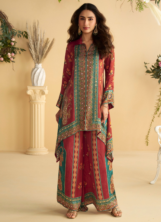 Maroon & Teal Green Crape Silk Printed Palazzo Set for Indian Wedding and Pakistani Festival