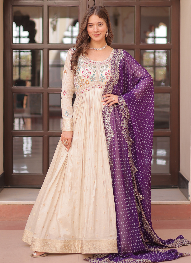 Off White Anarkali Suit With Purple Bandhani Dupatta For Indian Wedding and Pakistani Festivals – MULTI THREAD, MIRROR, EMBROIDERY WORK