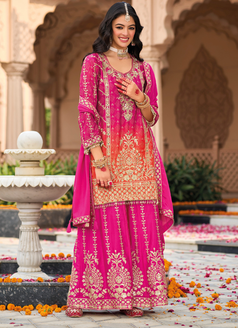 Pink Chinnon Embroidered Salwar Kameez with Palazzo and Net Dupatta for Eid, Pakistani and Indian Festivals