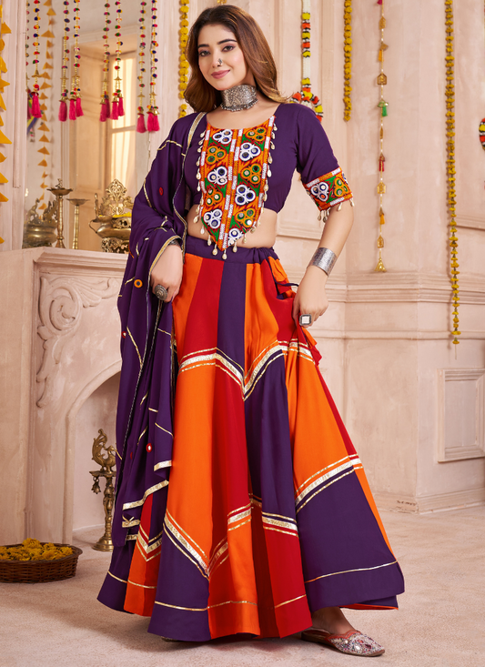 Purple-Orange Multicolor Mirror Lehenga Choli with Handmade Dupatta