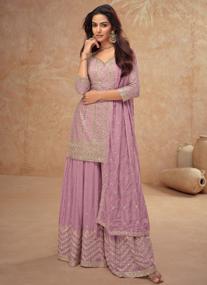 Designer Lavender Chinnon Sharara Suit with Dupatta for Pakistani Weddings and Indian Festivals – Embroidery Work