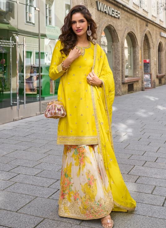 Designer Yellow Chinon Palazzo Suit With Dupatta for Punjabi Wedding