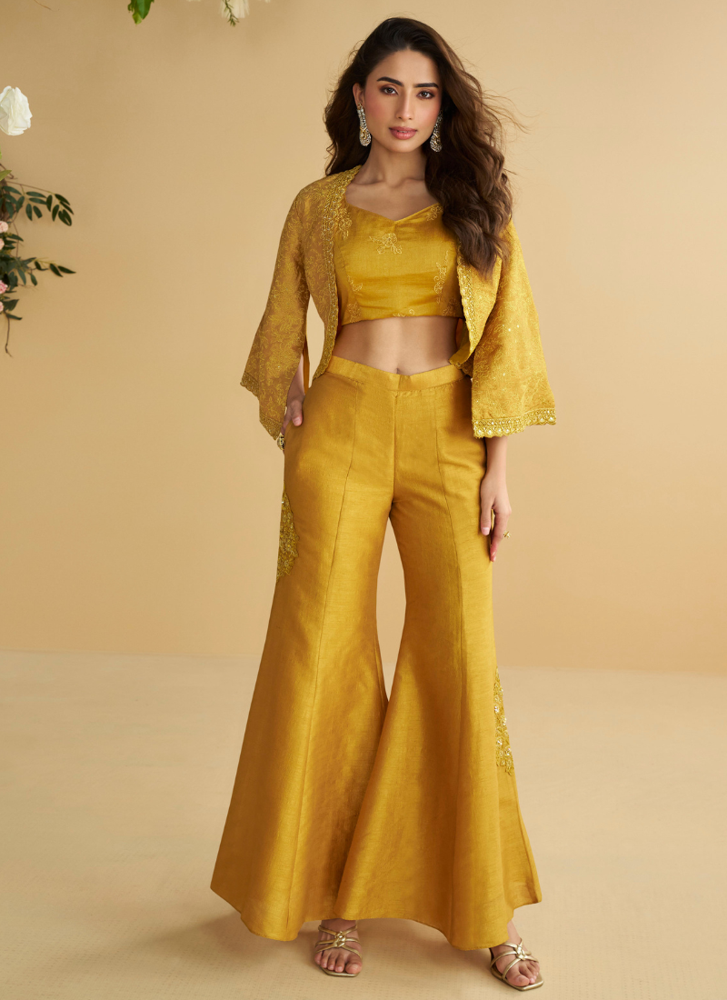 Designer Jacket Style Georgette Silk Yellow Indo-Western Co-Ord Set