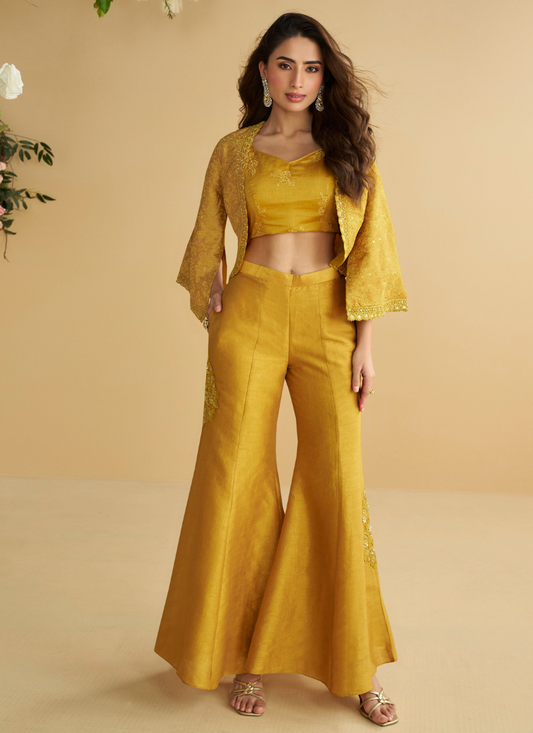 Designer Jacket Style Georgette Silk Yellow Indo-Western Co-Ord Set