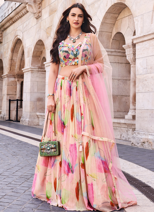 Buy Pink Floral Chinnon Silk Lehenga with Embroidered Blouse and Dupatta – Ideal for Indian and Pakistani Weddings