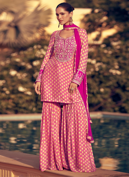 Shop Online Pink Chinnon Sharara suit with Dupatta