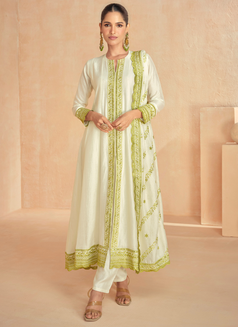 Off White Silk Anarkali Suit with Green Embroidery and Dupatta 