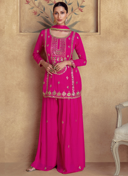 Designer Rani Pink Chinnon Silk Embroidered Sharara Suit with Dupatta – Perfect for Indian Wedding & Pakistani Festival