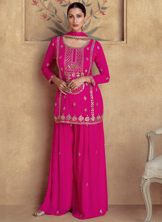 Designer Rani Pink Chinnon Silk Embroidered Sharara Suit with Dupatta – Perfect for Indian Wedding & Pakistani Festival