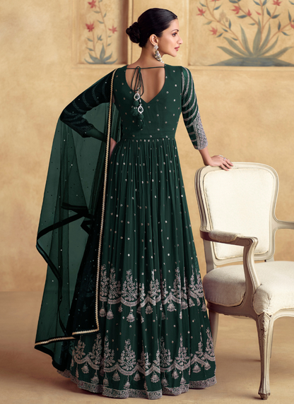 Green Georgette Embroidered Anarkali Suit with Dupatta for Pakistani Weddings and Indian Festivals