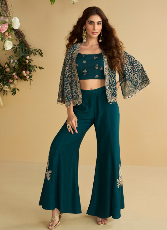 Designer Jacket Style Teal Green Georgette Silk Indo-Western Style Co-Ord Set