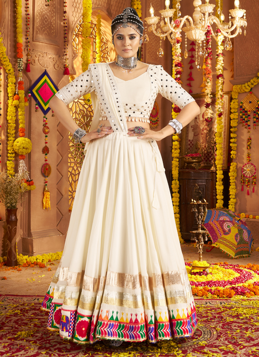 Off-White Chaniya Choli With Multicolor Embroidered Border For Navratri – Mirror, Thread Work – Garba Special 2025 Collection