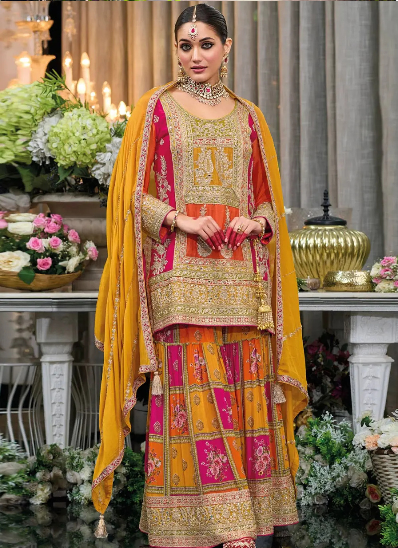 Shop online Yellow and Pink Embroidered Chinnon Sharara Suit with Dupatta