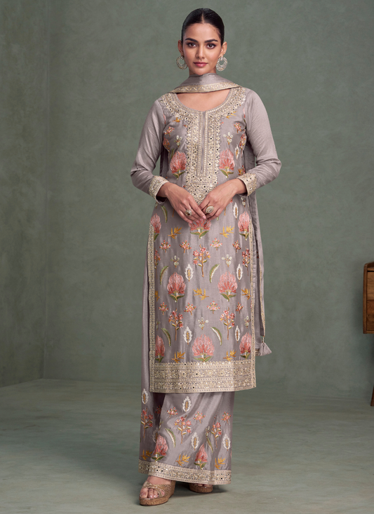 Grey Chinnon Silk Embroidered Salwar Kameez with Dupatta for Indian Wedding and Pakistani Festival