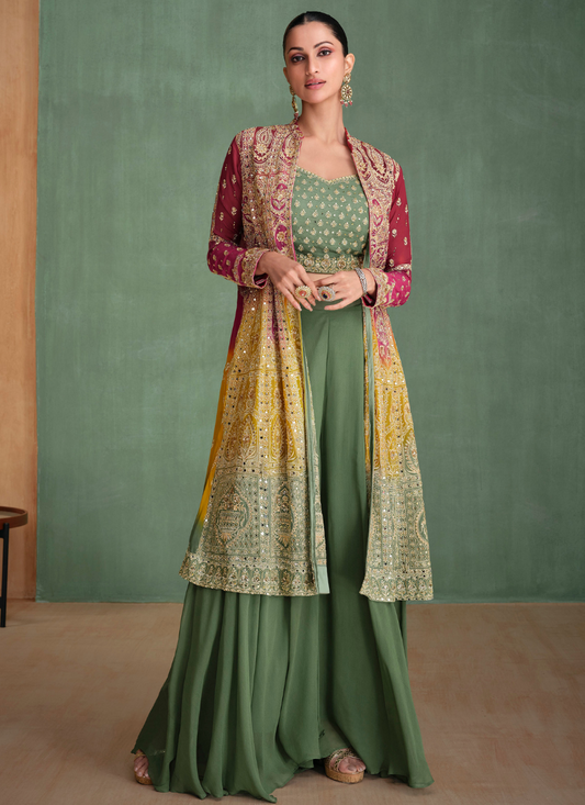 Designer Green Georgette Sharara Suit with Multicolor Embroidered Jacket