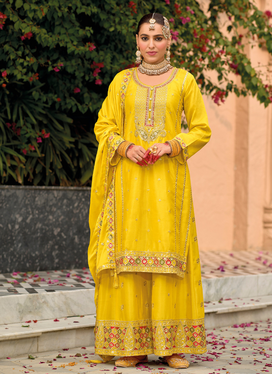 Yellow Chinnon Embroidered Sharara Suit with Dupatta for Pakistani Weddings and Indian Festivals