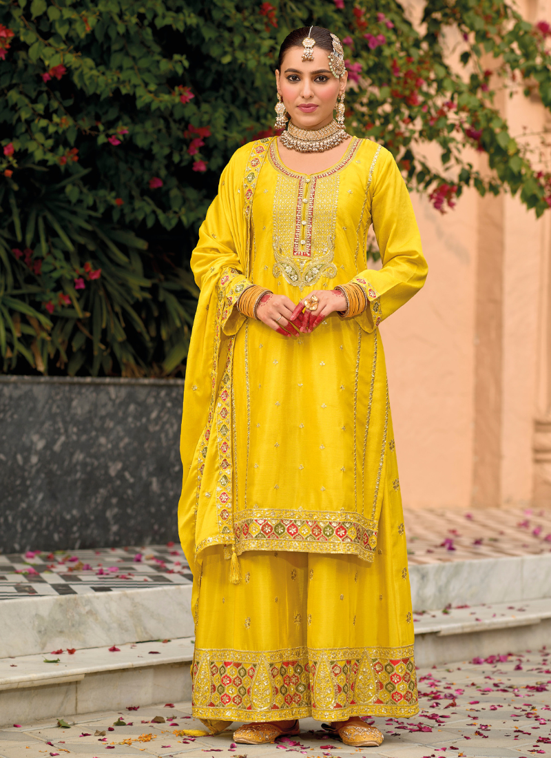 Yellow Chinnon Embroidered Sharara Suit with Dupatta for Pakistani Weddings and Indian Festivals 